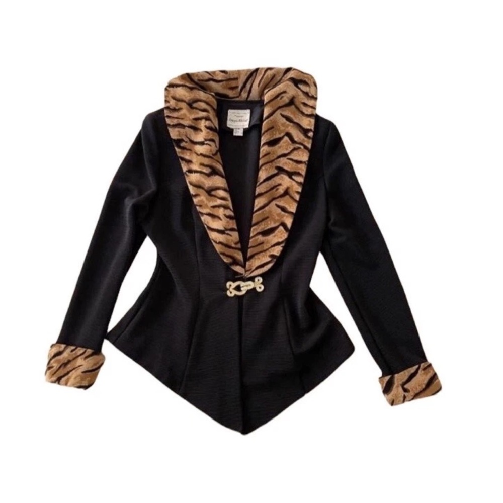Vintage Joseph Ribkoff 1980s Black Ribbed Blazer Jacket Tiger Collar Cuffs SZ 4
